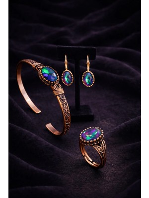 İyyaKe Kadın Bakır Küpe Bileklik Yüzük Takım Seti Doğal Mistik Topaz Taşlı Oval Model Set