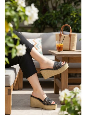 Enoch Kadın Siyah Dolgu Topuklu Hasır Örgü Bantlı Terlik