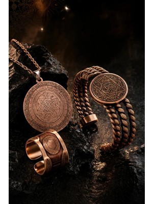 İyyaKe %100 Saf Bakır Erkek Takı Seti – Süleyman Mührü Işlemeli Kolye, Bileklik ve Yüzük