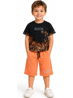 Tuffy Erkek Çocuk Xoox Yazı Desenli Tişört  Şortlu Siyah Renk İkili Takım