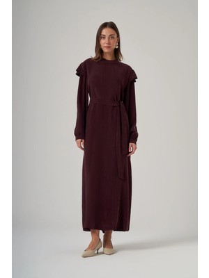 Nuss 2043 Omuz Taş Işlemeli Qupra Elbise - Mürdüm