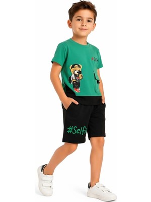 Barkod Kids Erkek Çocuk Ayıcık Desenli Tişört Şortlu Yeşil Renk İkili Takım
