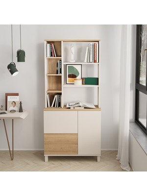 Robin Home Urban Kitaplık Raf Ahşap Ayaklı 188CM 2 Kapaklı 2 Çekmeceli Kumsal-Sepet