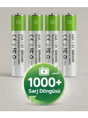 Azurtech Aaa Ince Şarjlı Pil 1.5V 800MWH USB Şarj Edilebilir Lithium Kumanda - Oyuncak Pil Seti + 8 Adet