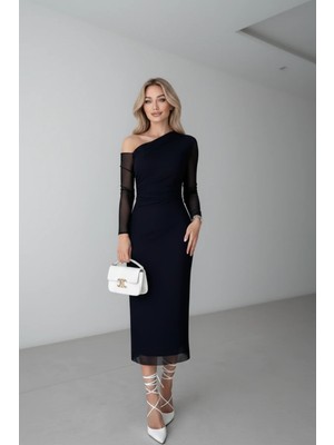 Kadın Sade Siyah Vintage Tek Omuz Elbise