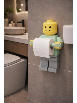 Modu3D Yapışkanlı Tuvalet Kağıdı Tutucu Tuvalet Kağıtlığı - Büyük Boy -Lego Adam Tuvalet Kağıdı Tutucur Figür Kutu