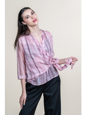 MissVina Kruvaze Bağlama Midi Kol Detaylı Şifon Bluz 70072