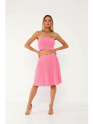 Askılı Belden Bağlamalı Bluz Pileli Lastikli Triko Etek Takım