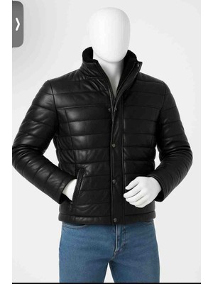 Moda Erkek Siyah Hakiki Kuzu Derisi Şişme Deri Mont Ceket