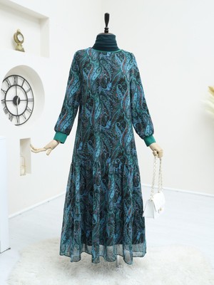 Moda Morfo Etnik Desen Eteği Parçalı Astarlı Şifon Elbise   -Yeşil