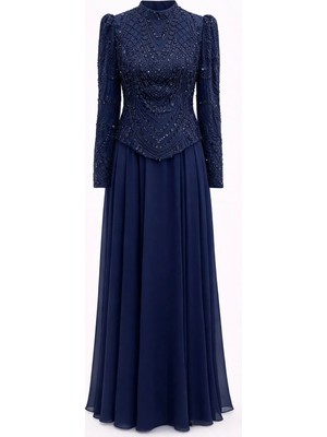 Olcay Pul ve Boncuk Desenli Şifon Kombinli Exclusive Tesettür Abiye Elbise Lacivert 1066