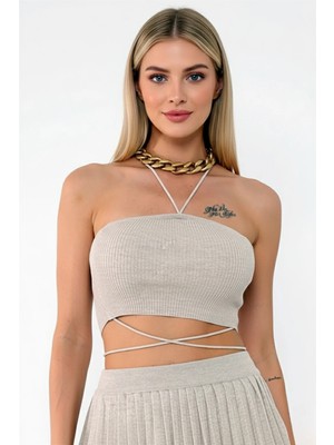 Kadın Ince Fitilli Straplez Boyun ve Bel Bağlama Detaylı Bluz