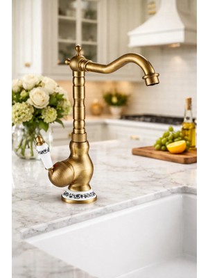 Kca Armatür Eskitme Gold Mutfak Bataryası Porselen Detaylı Yüksek Gövdeli Döner Başlıklı Vintage Rustik Musluk