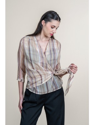 MissVina Kruvaze Bağlama Midi Kol Detaylı Şifon Bluz 70072