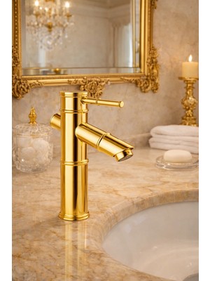 Kca Armatür Kca Bambu Gold Lavabo Bataryası – Parlak Altın Kaplama Lüks Banyo Musluğu