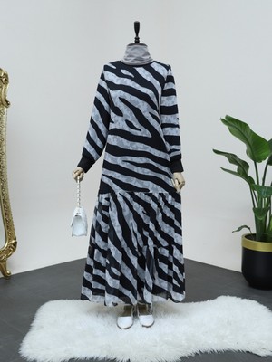 Moda Morfo Zebra Desen Eteği Parçalı Astarlı Şifon Elbise -Siyah