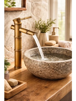 Kca Armatür Kca Eskitme Bambu Çanak Lavabo Bataryası – Çanak Lavabo Uyumlu Antik Gold Pirinç Musluk