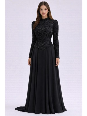 Olcay Pul ve Boncuk Desenli Şifon Kombinli Exclusive Tesettür Abiye Elbise Siyah 1066
