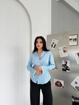 Elaxi Kadın Jakarlı Cartier Kumaş Çizgili Kol Fisto Detaylı Arkadan Bağlama  Şık Gömlek