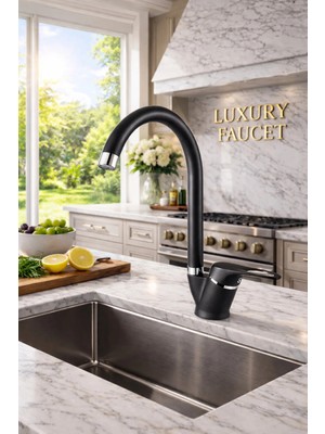 Elmina Armatür Premium Mat Siyah Mutfak Bataryası – Krom Detay – Döner Baston Boru – Damlatmaz Seramik Iç Mekanizma