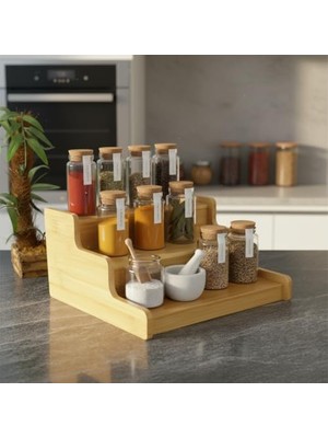 3 Katlı Doğal Bambu Baharatlık Rafı | Çok Amaçlı Mutfak ve Banyo Düzenleyici | Merdiven Tipi Tezgah Üstü Organizer | 24X22X11 cm