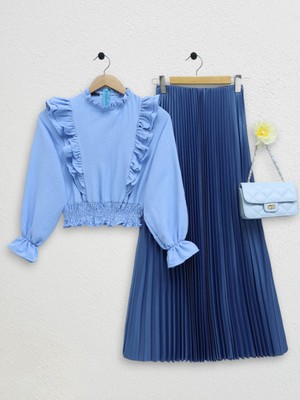 Moda Morfo Robadan Fırfırlı Beli Büzgülü Ayrobin Bluz -Bebe Mavi