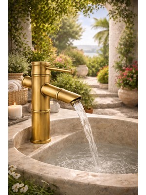 Kca Armatür Kca Bambu Antik Eskitme Gold Lavabo Bataryası – Vintage Pirinç Görünümlü Banyo Musluğu
