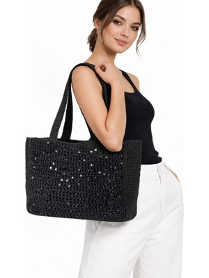 Uretti - Yıldız 7202 0408 Kağıt Ip Pullu Kadın Omuz Çantası 36X30 cm Günlük Çanta - Siyah