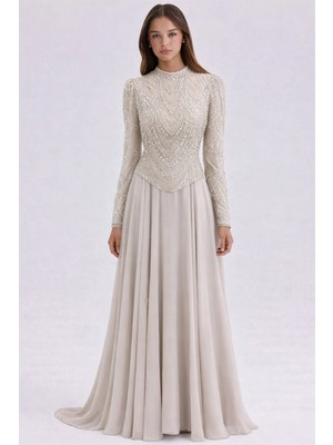 Olcay Pul ve Boncuk Desenli Şifon Kombinli Exclusive Tesettür Abiye Elbise Taş 1066