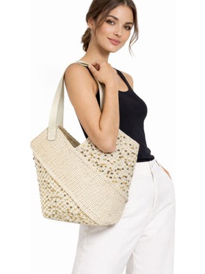 Uretti - Yıldız 7202 0334 Kağıt Ip Pullu Kadın Omuz Çantası 34X34 cm Günlük Çanta - Fil Dişi