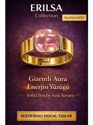 Erilsa Sertifikalı Şeffaf Pembe Aura Kuvars Doğal Taş Yüzük – Aura Enerjisi