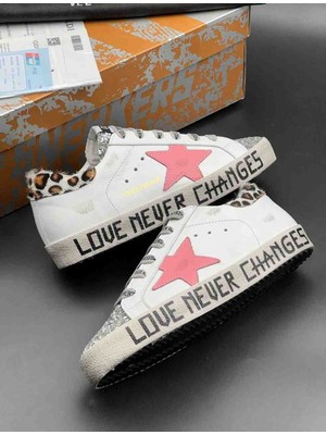 Golden Goose Super-Star Kadın Sneaker - Pembe Yıldızlı, Simli ve Love Never Changes Beyaz Deri Ayakkabı
