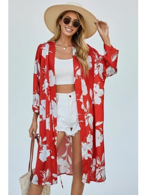 Uzun Kol Desenli Belden Bağlamalı Rahat Kalıp Uzun Saten Kimono