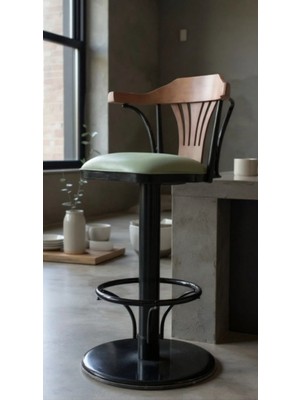 Dengema T168/65 Dönerli Bar Sandalyesi – Yeşil Deri Oturum, Inegöl Ceviz Sırt