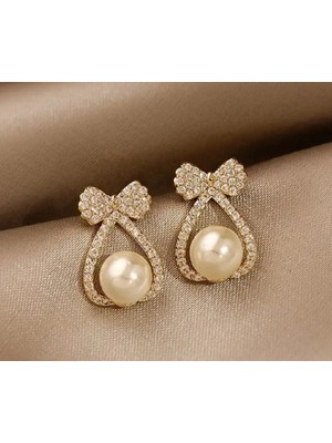Trendy Chic Gold Fiyonk Detaylı Inci Küpe