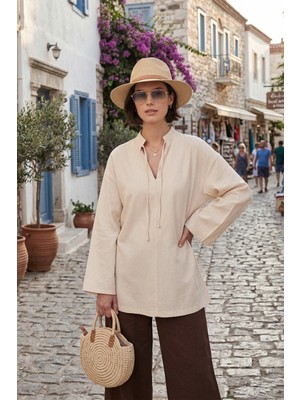 Lela Bağlamalı Hakim Yaka Pamuklu Rahat Bluz Bayan Bluz 6925480