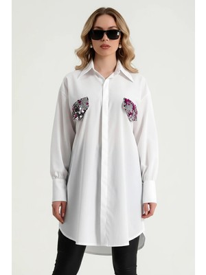 Pul Payet Sahte Cep ve Manşet Detaylı Uzun Kol Düğmeli Rahat Kalıp Yanları Yırtmaçlı Tunik