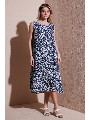 Fashion Friends Desenli Rahat Kalıp Bisiklet Yaka Midi Elbise Bayan Elbise 26Y0458K1