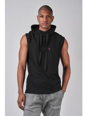 Ex-pent Erkek Pamuklu Garnili Regular Kalıp Baskılı Siyah Kolsuz Sweatshirt