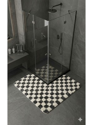 Eurobano Chess Dama Desen Duşakabin 100X100 cm Köşe Banyo Paspası Lateks Kaymaz Taban Makinede Yıkanabilirr