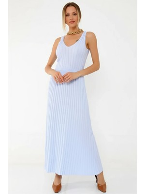 Ön Arka V Yaka Askılı Likralı Yumuşak Uzun Elbise