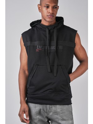 Ex-pent Erkek %100 Pamuk Regular Kalıp Baskılı Siyah Kolsuz Sweatshirt