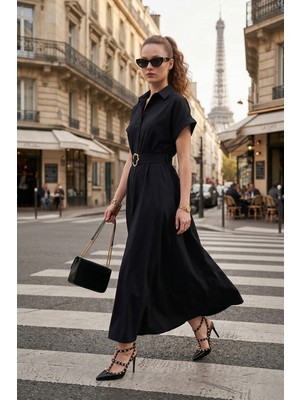 Lela Gömlek Yaka Kemerli Maxi Boy Elbise Bayan Elbise 6922376