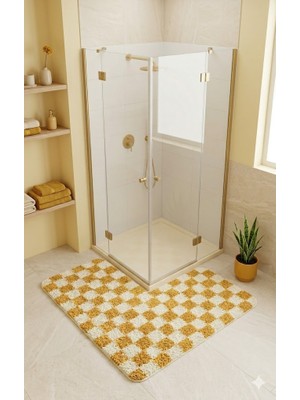 Eurobano Chess Dama Desen Duşakabin 100X100 cm Köşe Banyo Paspası Lateks Kaymaz Taban Makinede Yıkanabilirr