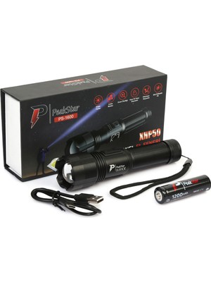 Krm Peakstar PS-1600 Süper Parlak LED Zoomlu 5 Mod Su Geçirmez Profesyonel Kamp Bekçi Avcı Fener
