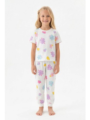 Bunny Hopp Renkli Çiçek Desenli Kısa Kollu Kız Çocuk Pijama Takımı - %100 Pamuklu Beyaz Takım