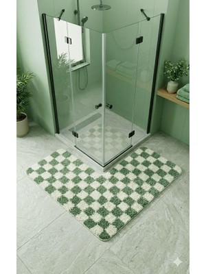 Eurobano Chess Dama Desen Duşakabin 100X100 cm Köşe Banyo Paspası Lateks Kaymaz Taban Makinede Yıkanabilirr