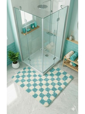 Eurobano Chess Dama Desen Duşakabin 100X100 cm Köşe Banyo Paspası Lateks Kaymaz Taban Makinede Yıkanabilirr