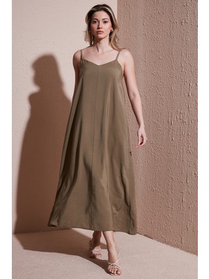 Fashion Friends A Kesim V Yaka Askılı Modal Midi Elbise Bayan Elbise 26Y0501K1