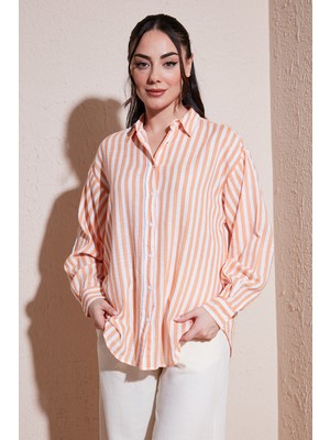 Fashion Friends Pamuklu Çizgili Oversize Uzun Kollu Gömlek Bayan Gömlek 26Y0670K1